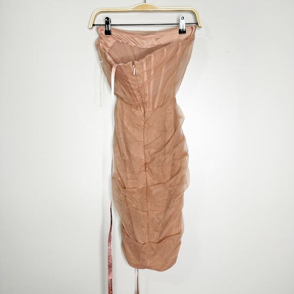 House of CB Leila Strapless Blush Mesh Shirred Bodycon Mini Dress Cream Size XS - Picture 4 of 12